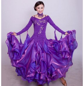 Red royal blue turquoise yellow green violet purple black white fuchsia hot pink long sleeves women's ladies female competition professional long length ballroom tango waltz dancing dresses outfits